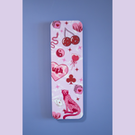 Feral in Pink double-sided matte bookmark by Ink & Static, featuring cherries, dice, a pink cheetah, yin yang, and heart graphics on a pink background