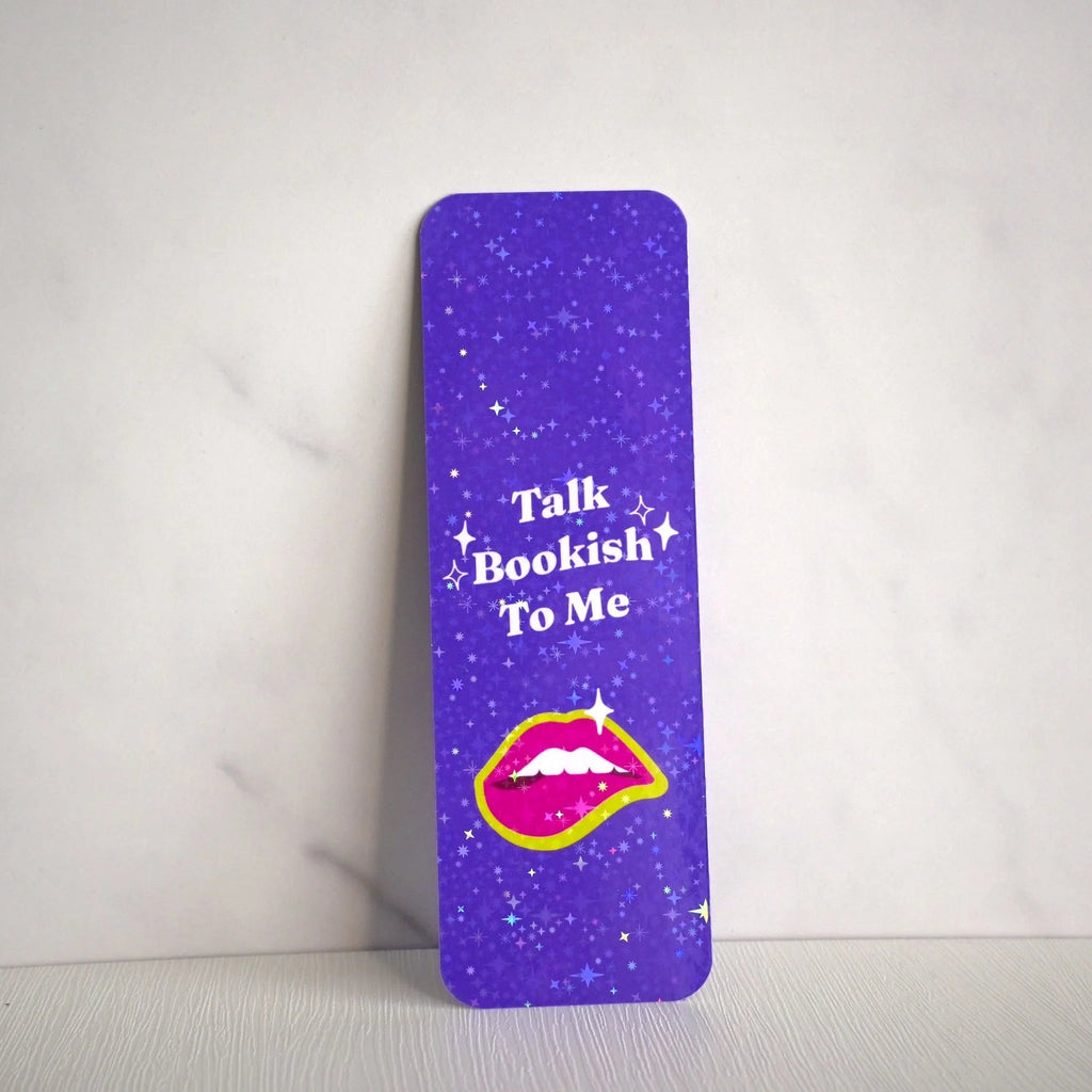 Purple bookmark with 'Talk Bookish To Me' text and a lips graphic on a white background