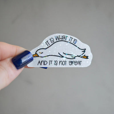 Hand holding a sticker with a duck illustration and text on a gray background