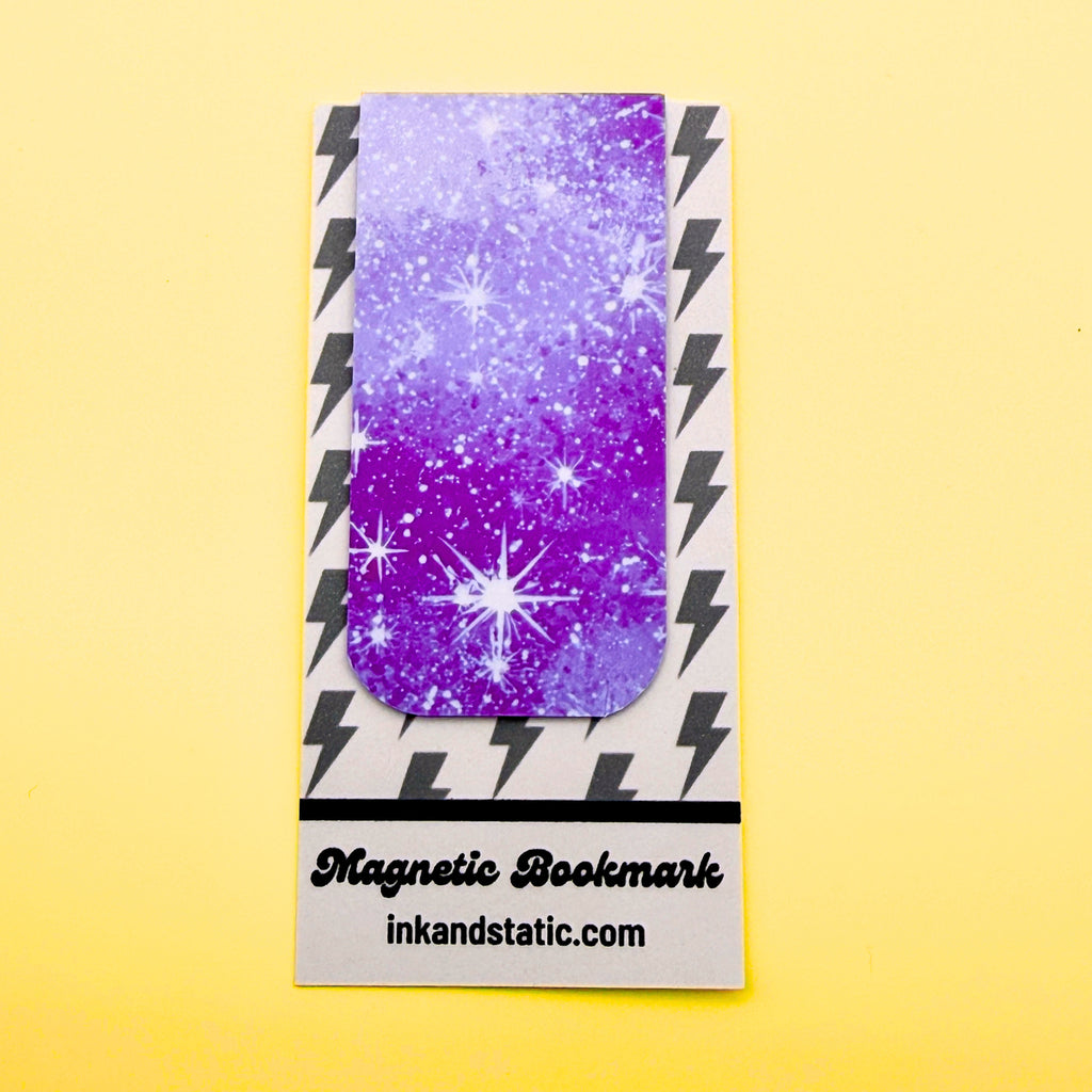 Magnetic bookmark with purple gradient and star design on a yellow background