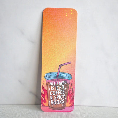 Colorful bookmark with iced coffee and spicy books design on a white background