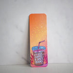 Colorful bookmark with a coffee cup design and text on a white background